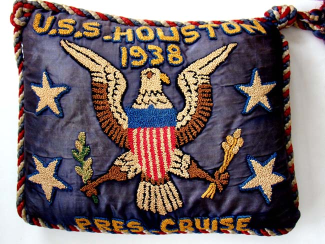 An historic silk embroidered pillow made to commemorate Pres. Franklin Roosevelt's 24 day cruise aboard the (ill-fated) USS HOUSTON in July 1938.